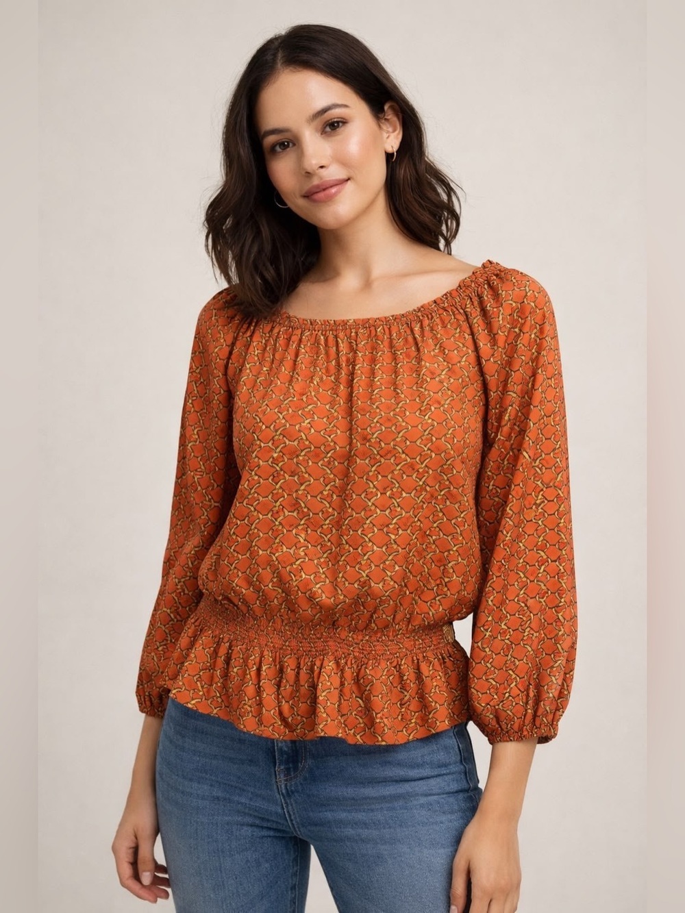 MICHAEL Michael Kors Chain Link Print Smocked Peasant Blouse Orange XS